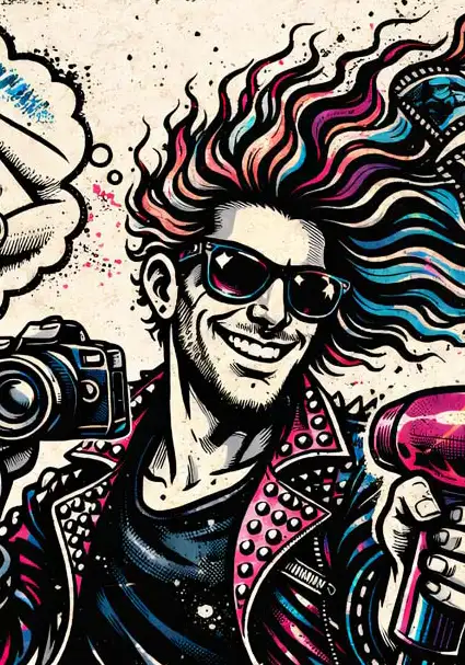 A flaming hairdresser with a camera